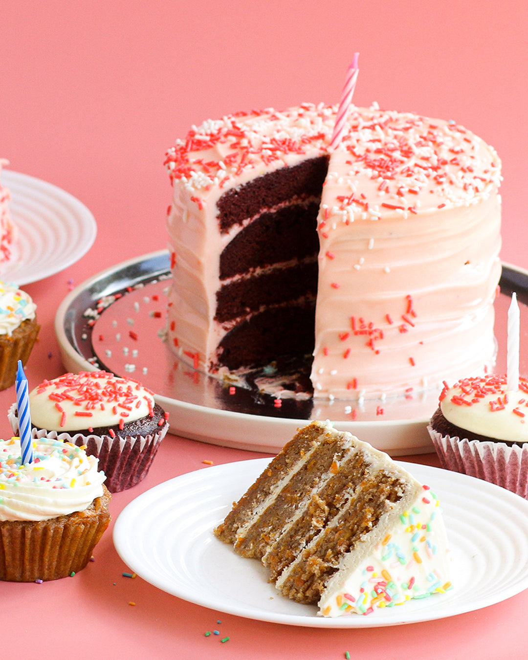 Celebration Cake with Sprinkles: Salted Caramel Chocolate, Red Velvet or Carrot (4-Layer Cake, 8" Round)