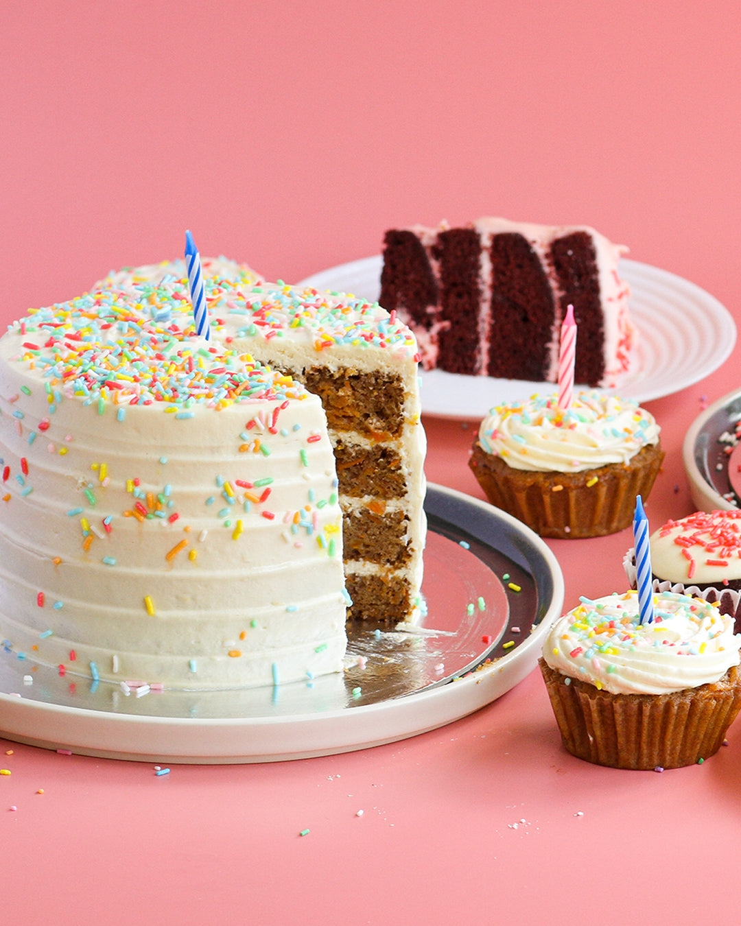 Celebration Cake with Sprinkles: Salted Caramel Chocolate, Red Velvet or Carrot (4-Layer Cake, 8" Round)