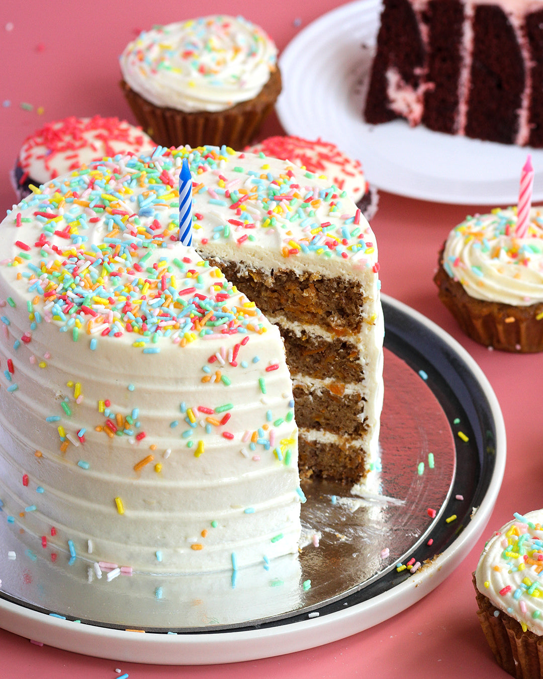 Celebration Cake with Sprinkles: Salted Caramel Chocolate, Red Velvet or Carrot (4-Layer Cake, 8" Round)