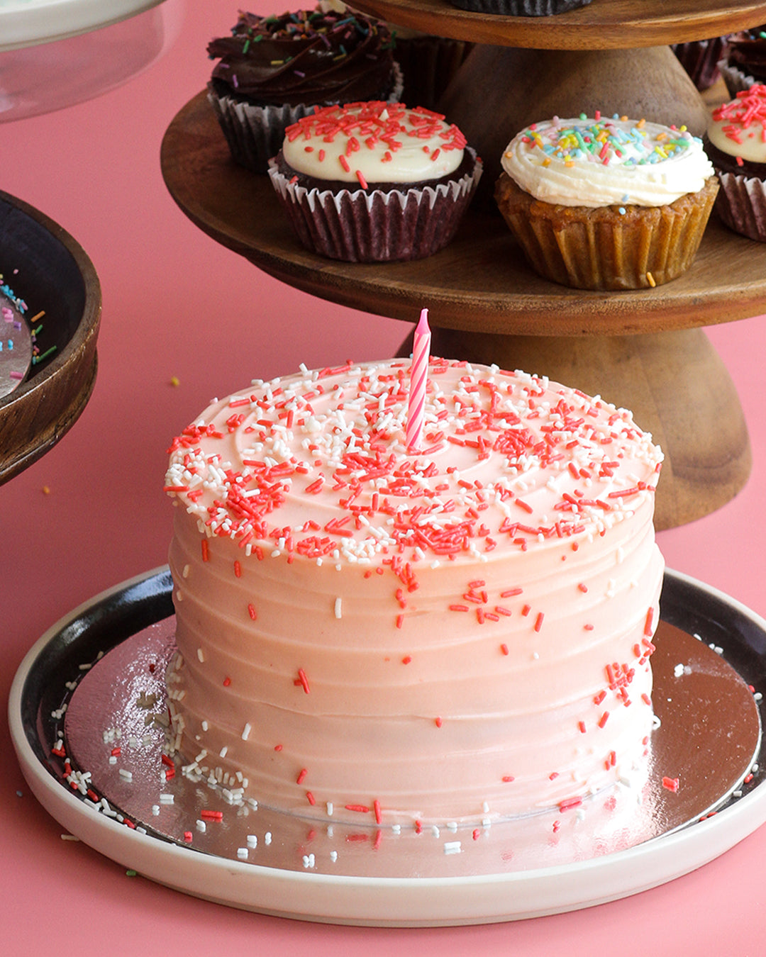 Celebration Cake with Sprinkles: Salted Caramel Chocolate, Red Velvet or Carrot (4-Layer Cake, 8" Round)