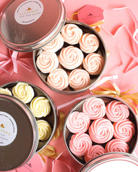 LOVE Mini Cupcakes with Pink Vanilla Frosting (Chocolate or Red Velvet, Mini Can of 8 or Box of 30)