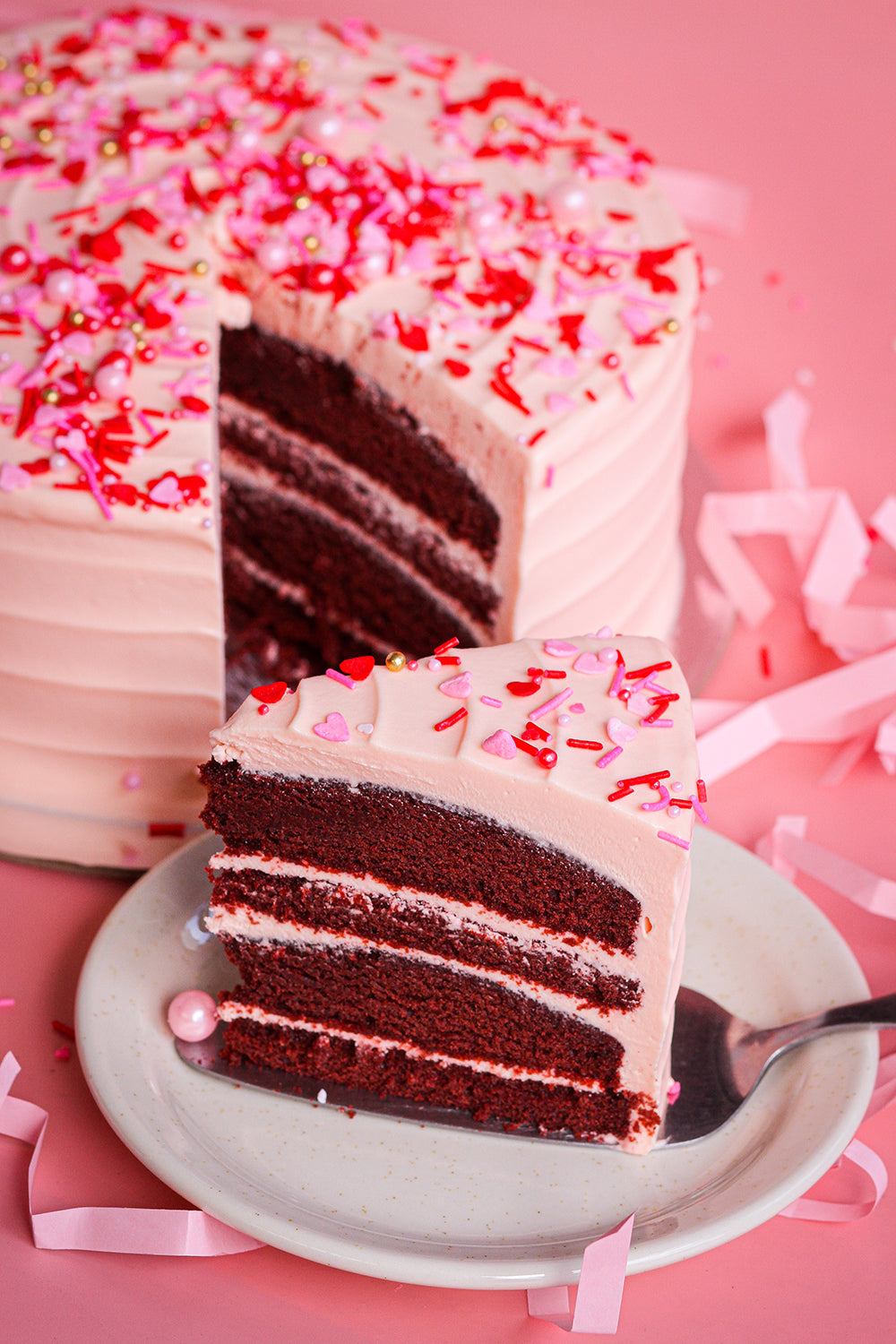 Love Red Velvet 4-Layer Celebration Cake with Heart Sprinkles