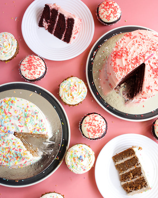 Celebration Cakes with Sprinkles (Salted Caramel Chocolate, Red Velvet or Carrot)