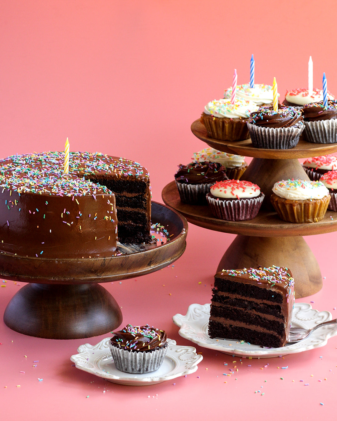 Celebration Cakes with Sprinkles (Salted Caramel Chocolate, Red Velvet or Carrot, 8" Round 4-Layers)