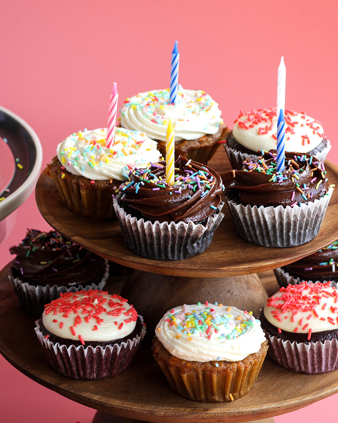 Celebration Cupcakes with Sprinkles (Salted Caramel Chocolate, Red Velvet or Carrot)