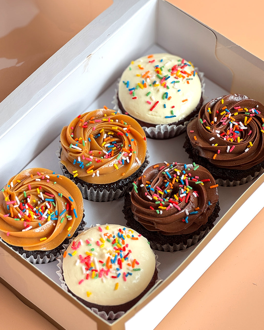 Celebration Cupcakes Assorted Box: Salted Caramel, Dulce de Leche, Red Velvet  (Box of 6 or 12)