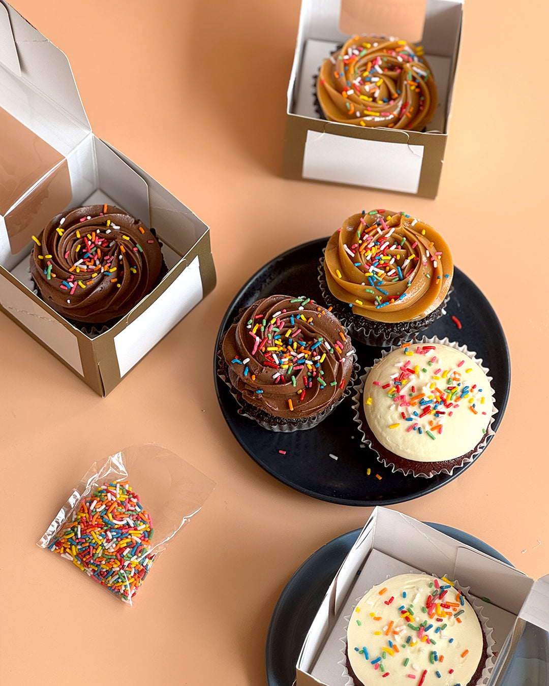 Celebration Cupcakes with Sprinkles: Salted Caramel Chocolate, Red Velvet or Carrot (Solo, Box of 6 or 12)