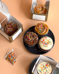 Celebration Cupcakes with Sprinkles (Salted Caramel Chocolate, Red Velvet or Carrot)