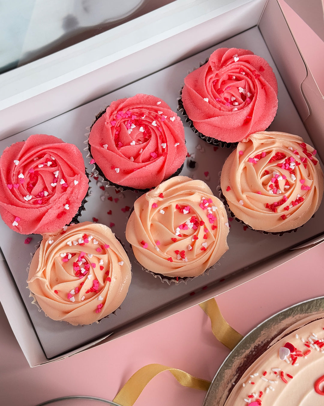 LOVE Cupcakes with Pink Vanilla Frosting: Chocolate or Red Velvet or Mixed (Box of 6 or 12)