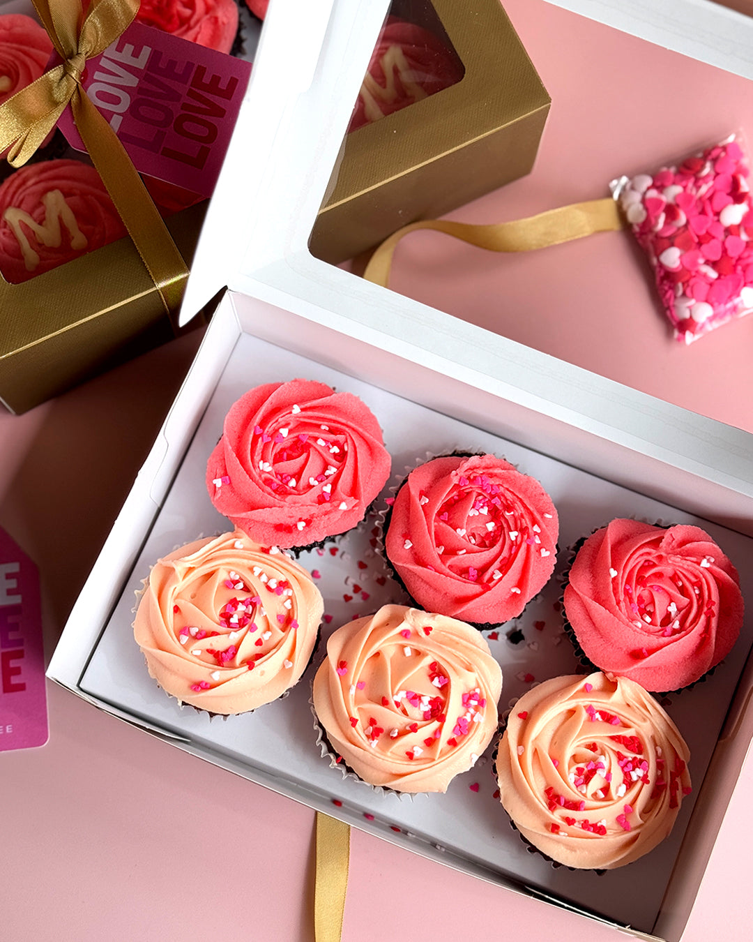 LOVE Cupcakes with Pink Vanilla Frosting: Chocolate or Red Velvet or Mixed (Box of 6 or 12)