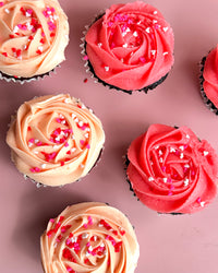 LOVE Cupcakes with Pink Vanilla Frosting: Chocolate or Red Velvet or Mixed (Box of 6 or 12)