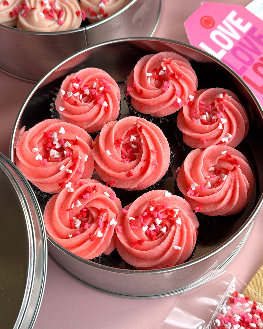 LOVE Mini Cupcakes with Pink Vanilla Frosting (Chocolate or Red Velvet, Mini Can of 8 or Box of 30)