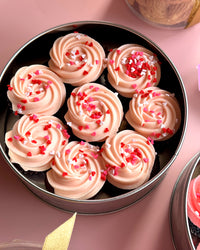 LOVE Mini Cupcakes with Pink Vanilla Frosting (Chocolate or Red Velvet, Mini Can of 8 or Box of 30)