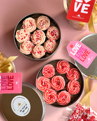 LOVE Mini Cupcakes with Pink Vanilla Frosting (Chocolate or Red Velvet, Mini Can of 8 or Box of 30)