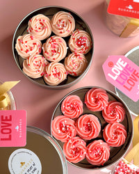 LOVE Mini Cupcakes with Pink Vanilla Frosting (Chocolate or Red Velvet, Mini Can of 8 or Box of 30)